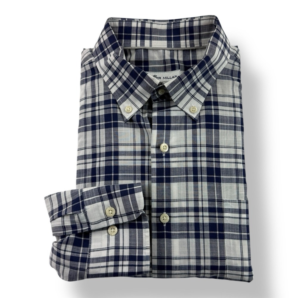 Peter Millar Crown Men's Large White Blue Check Cotton Spandex Button Down Shirt
